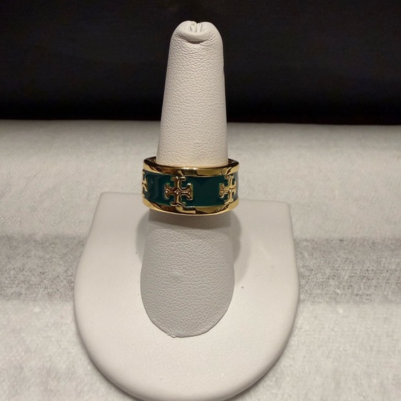 Tory Burch Jewelry - NEW Tory Burch Green Gold size 7.5 Kira Junky Multi Logo Ring